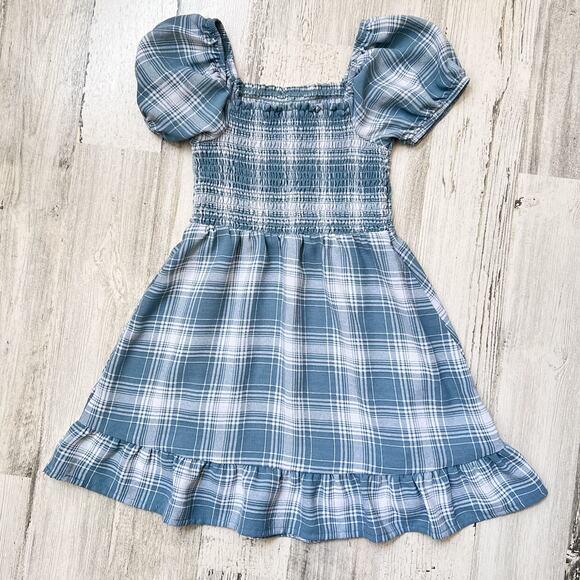 Wonder Nation Girls Dress 4-5 Teal Plaid Puff Sleeve Smocked Bodice Ruffle Hem - Picture 4 of 8
